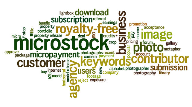 Word cloud containing words related to microstock industry