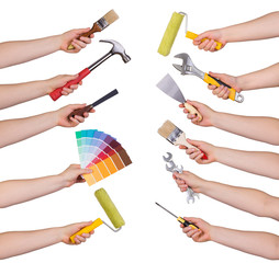 Woman holding redecorating tools isolated on white