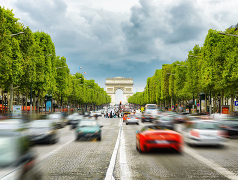 The view of the Triumphal arch to the Champs-Elysees in Paris, F