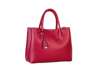 Bolso rojo de mujer sobre fondo blanco aislado. Vista de frente. Copy space