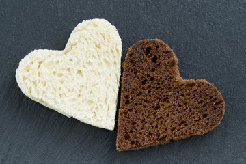 toasted rye and white bread in the form of heart