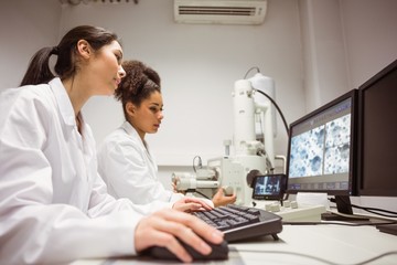 Science students looking at microscopic image on computer