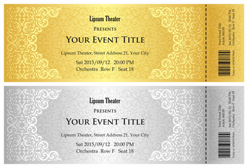 Luxury golden and silver theater ticket with vintage pattern - obrazy, fototapety, plakaty