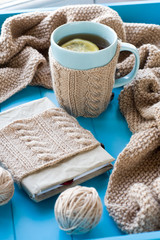 A cup of tea with lemon in sweater,  old notebook, beige knitted