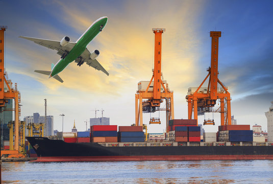 Container Ship Loading On Port And Cargo Plane Flying Above