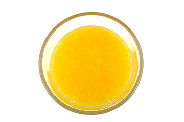Glass of orange juice isolated on white. Top view.