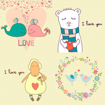 Set of concept romantic cards with cute funny characters.