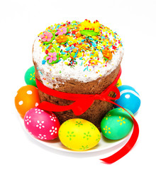 Decorated easter cake and eggs isolated