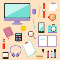 Big set of flat modern design vector illustration of  workspace.