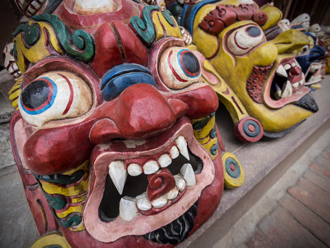 Traditional Nepalese Masks at Street Market in Kathmandu, Nepal