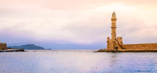 Lighthouse in Chania port, Crete, Greece.