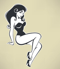 sitting pinup girl on beige background - 76107143