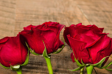 Bright red roses on wooden table