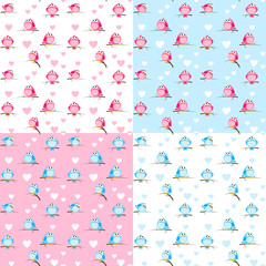 Set of seamless patterns with cute birds