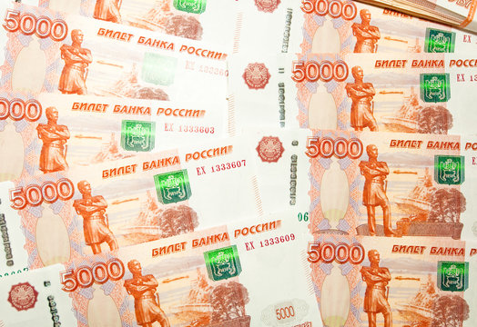 Close up five thousand ruble banknotes.