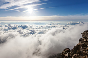 Panoramic view of the clouds over the Alps from Gouter hut