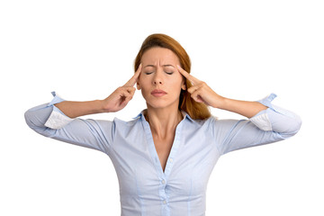 Portrait concentrating woman isolated on white background.