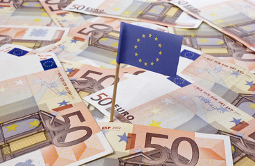 Flag of Europe sticking in 50 Euro banknotes.(series)