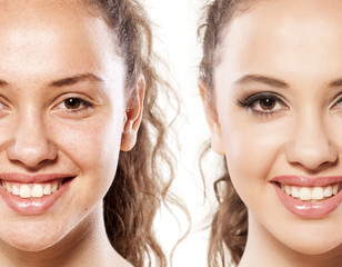 Comparison portrait of a woman without and with makeup