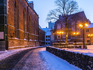 Medieval street in old Riga city, Latvia, Europe