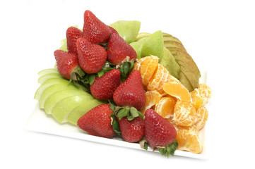 plate of ripe juicy fruit on white background