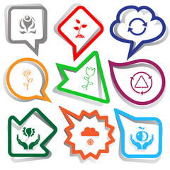 abstract rose, sprout, recycle symbol, flower, tulip, bird in ha