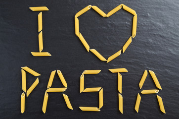 I love pasta sign made of penne pasta