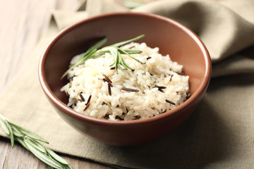 Tasty rice served on table, close-up