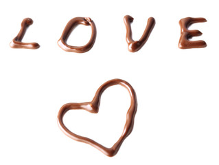 Chocolate heart and word Love isolated on white
