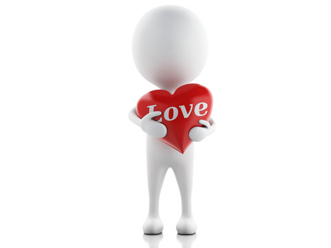 3d white people with red heart, isolated white background.