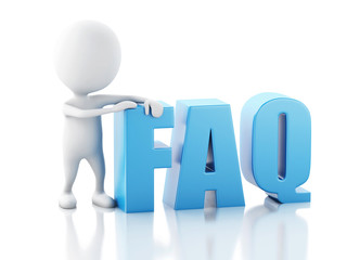 3d white person standing next to FAQ on white background
