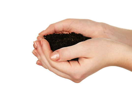 Handful of soil isolated on white