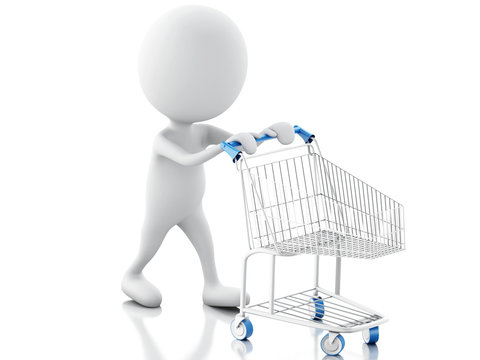 3d white people with shopping cart isolated on white background