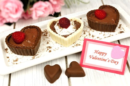 Happy Valentines card with heart shaped chocolate dessert cups