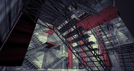 3d interior. Modern industrial interior, stairs, clean space in