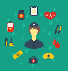 Nurse with medical icons for web design, modern flat style
