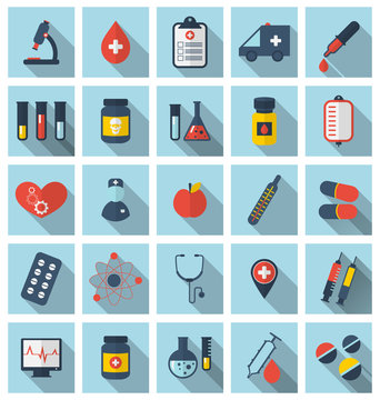 Collection Trendy Flat Medical Icons With Long Shadow