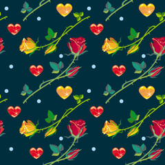Seamless pattern with roses and hearts on a dark background