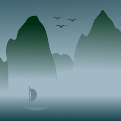 Chinese art styled landcape with foggy mountains