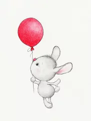 Papier Peint photo Animaux avec ballon Lapin mignon volant sur le ballon