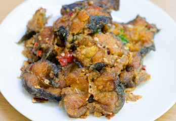 Spicy Stir Fried catfish on dish