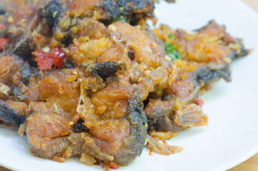 Spicy Stir Fried catfish on dish