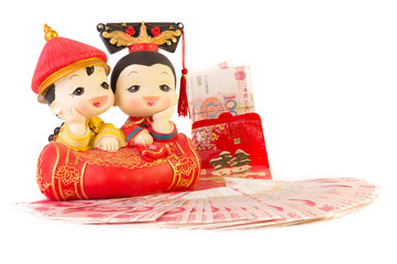 China wedding couple with China Bank note on white isolate