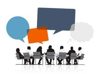 Silhouettes of Business People in a Meeting and Speech Bubbles