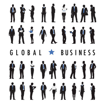 Silhouettes of Business People and Global Business Text