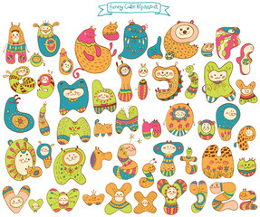 Funny doodle cartoon alphabet