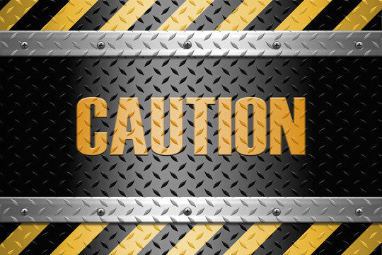 Black and yellow lines with caution sign  on a metal diamond pla