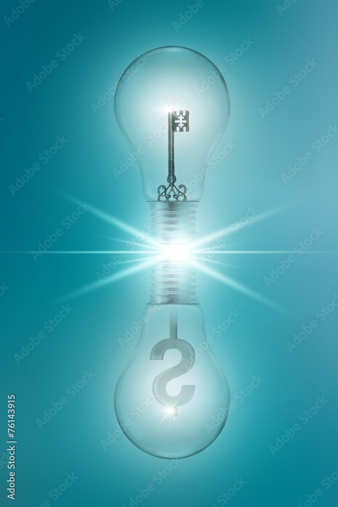 Poster idea concept with key and dollar signs in twin light bulbs