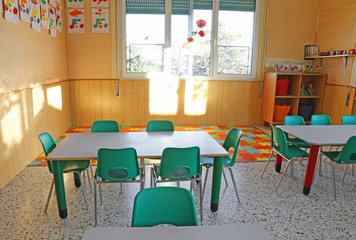 kindergarten class with the chairs and children's decorations