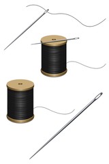 Bobines de fil et aiguilles sur fond blanc © Regormark